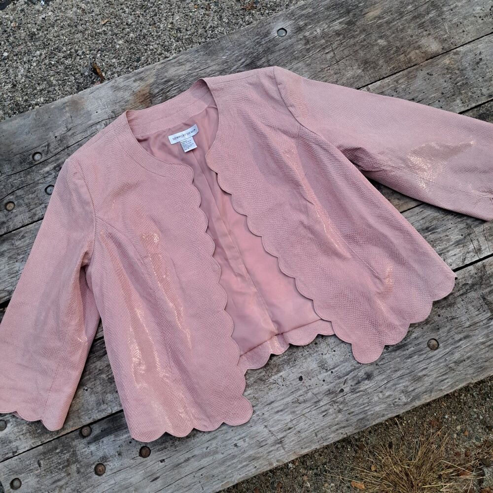 Newport News Womens Leather Size 14 Large Open Front Scallop Blazer Jacket Pink - Picture 6 of 9